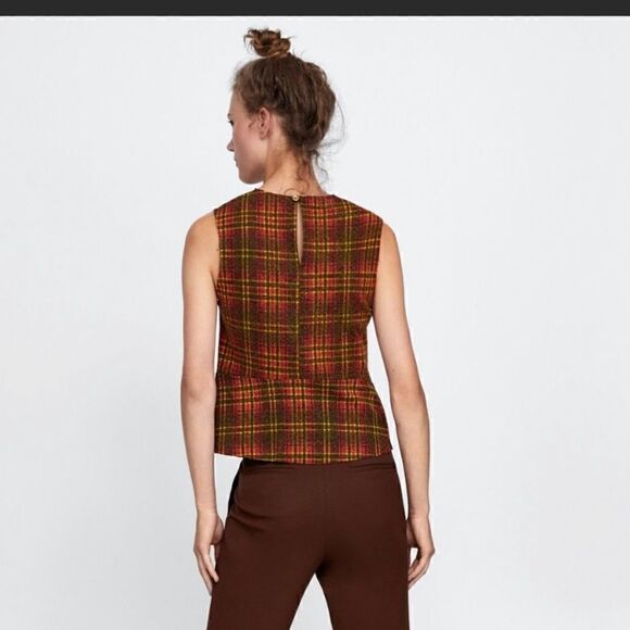 ZARA Woman Orange Plaid Peplum Sleeveless NEW Blouse Orange Yellow - Picture 5 of 15